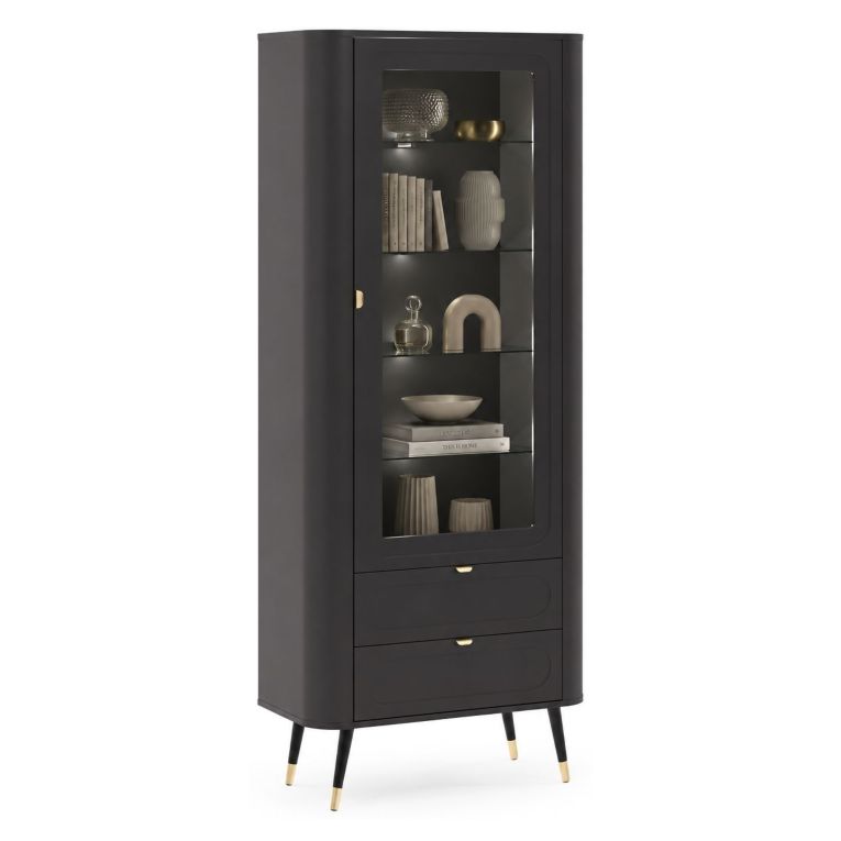 Vetrina Nero oro 4 Ripiani 2 Cassetti 78x40x192h cm, Un'anta - Lolaleha
