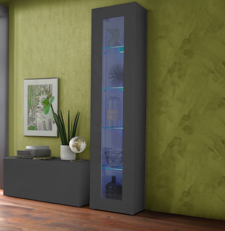 Vetrina Vladimiro, Credenza a 1 anta con ripiani in vetro, Mobile da soggiorno multiuso, 100% Made in Italy, cm 40x30h180, Antracite