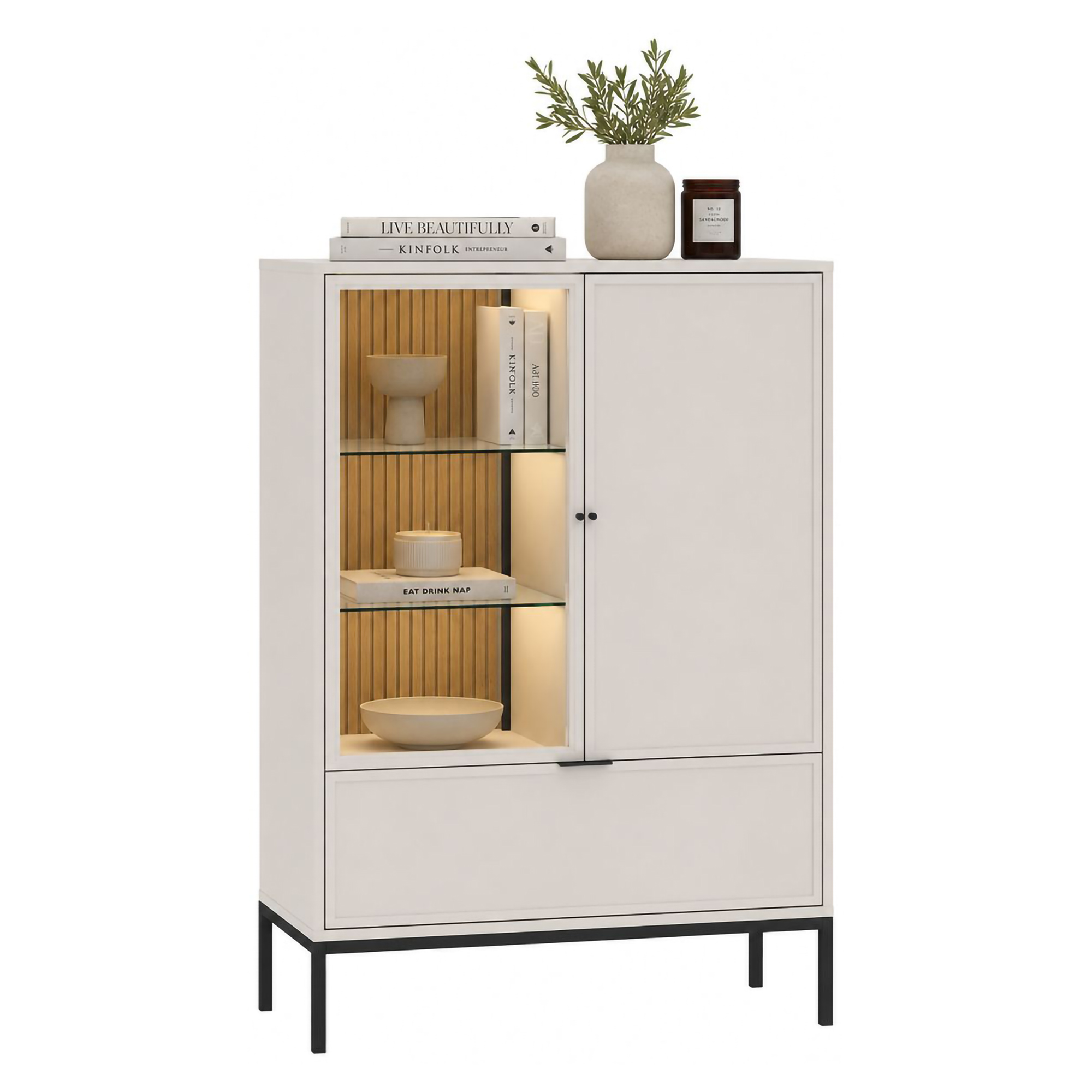 Vetrina Beige Nero 3 Ripiani un Cassetto 76x40x116h cm, 2 Ante - Lolamaha
