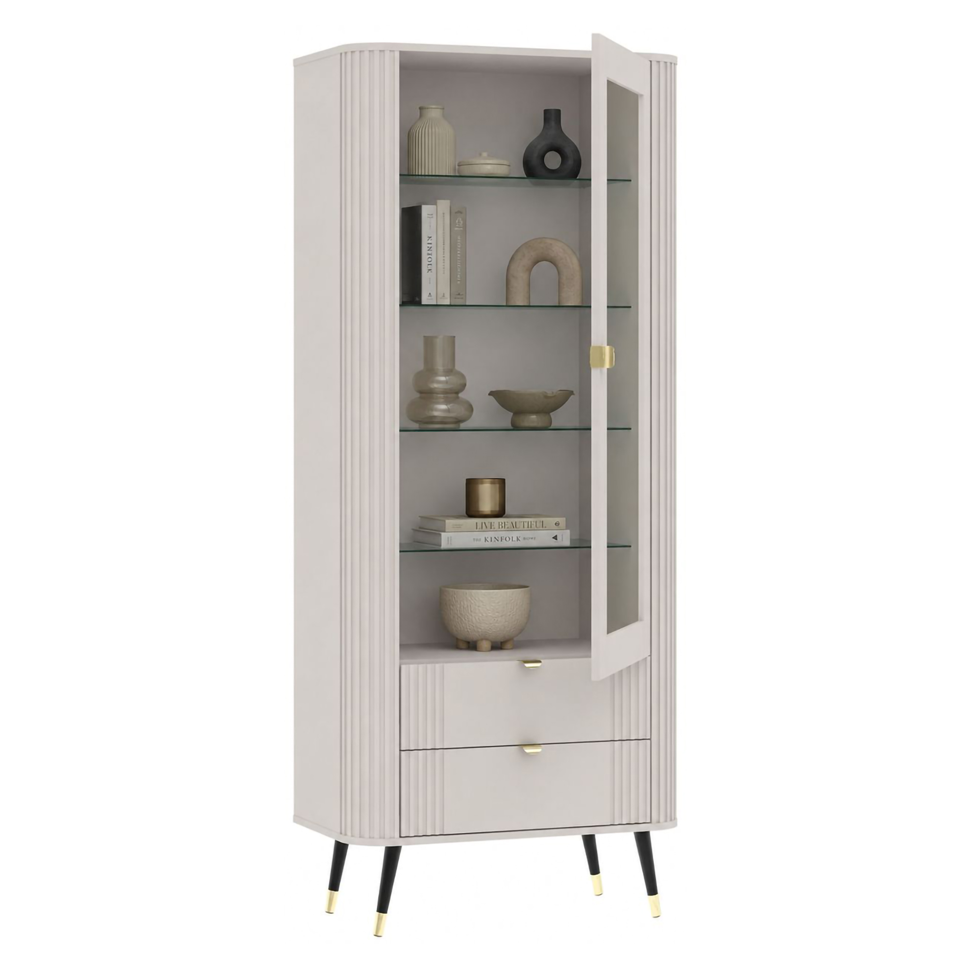 Vetrina Beige Nero 4 Ripiani 2 Cassetti 78x40x192h cm, Un'anta - Lokapami