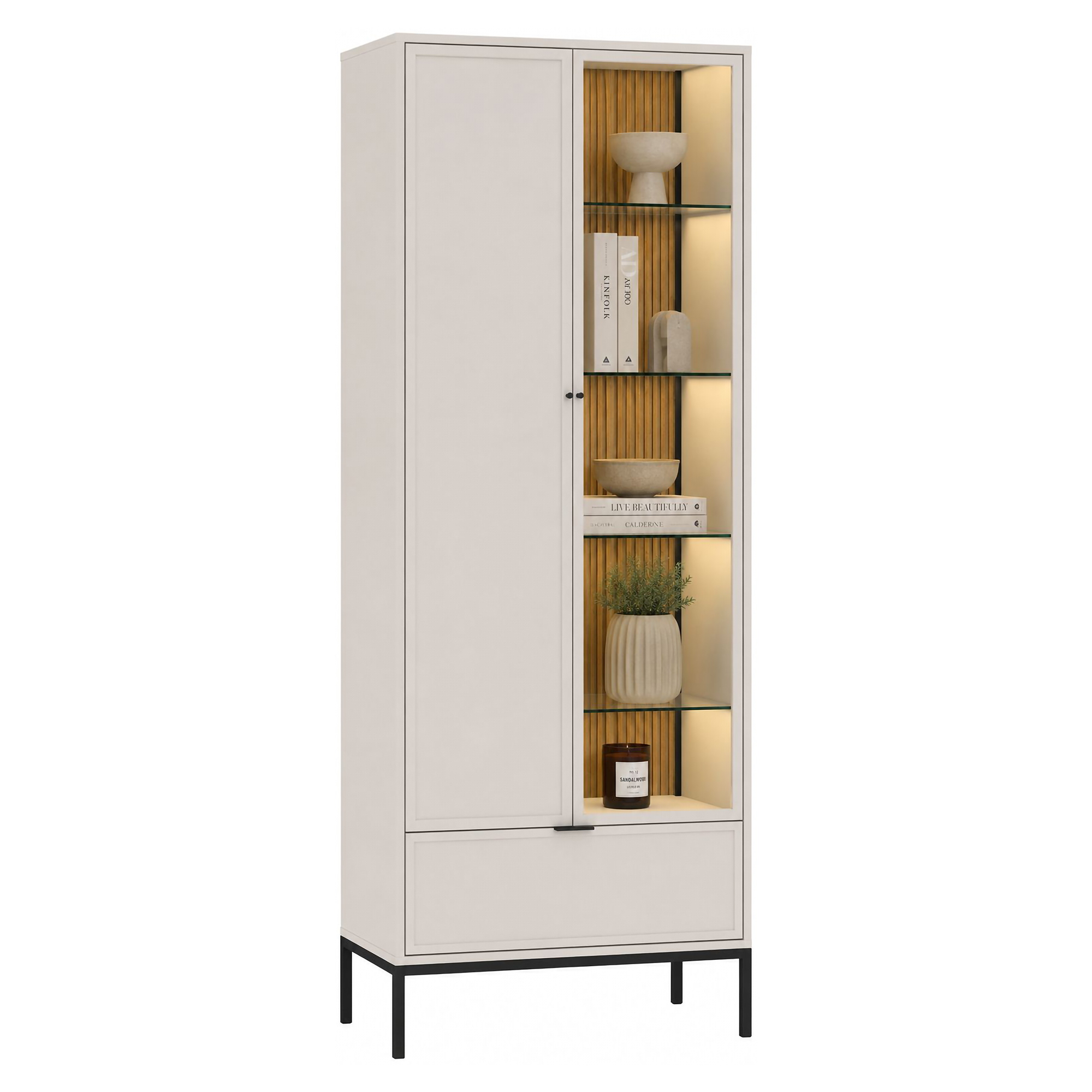 Vetrina Beige Nero 7 Ripiani un Cassetto 76x40x184h cm, 2 Ante - Lolera