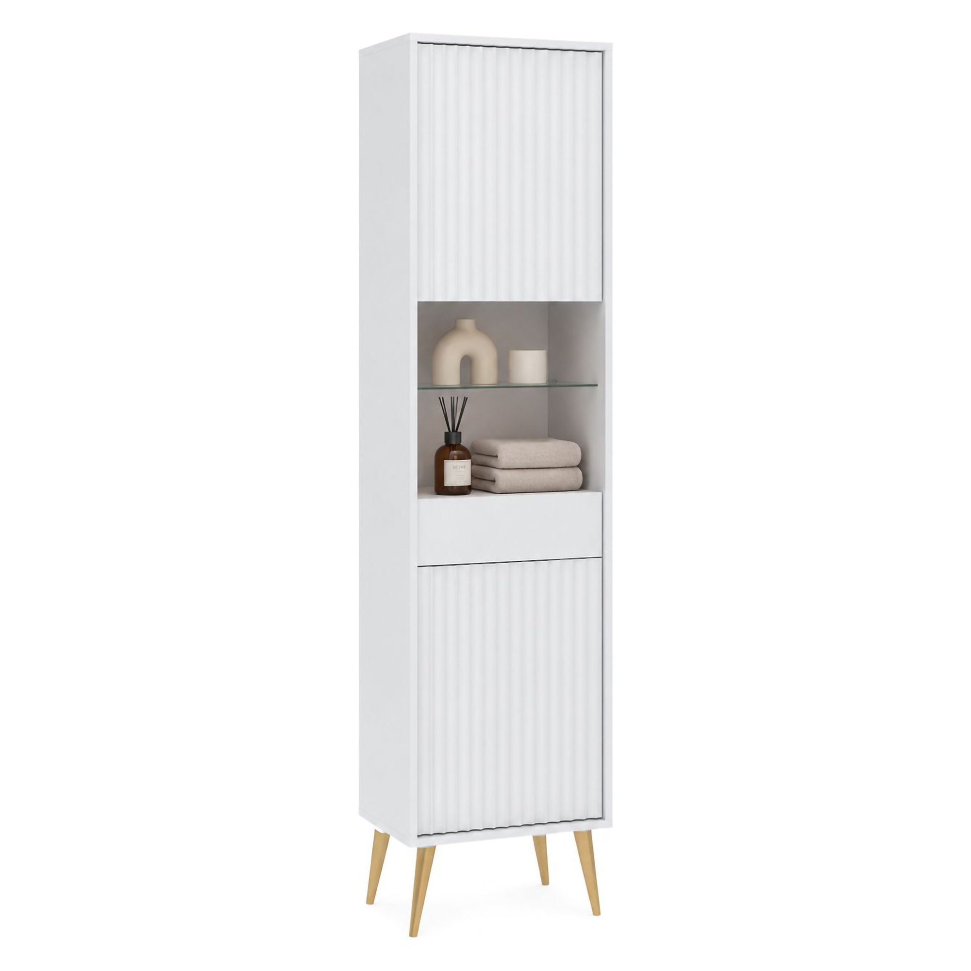 Vetrina Bianco 3 Ripiani Un'anta 47x40x193h cm, Ripiano in Vetro, Anta Reversibile - Lenagaba