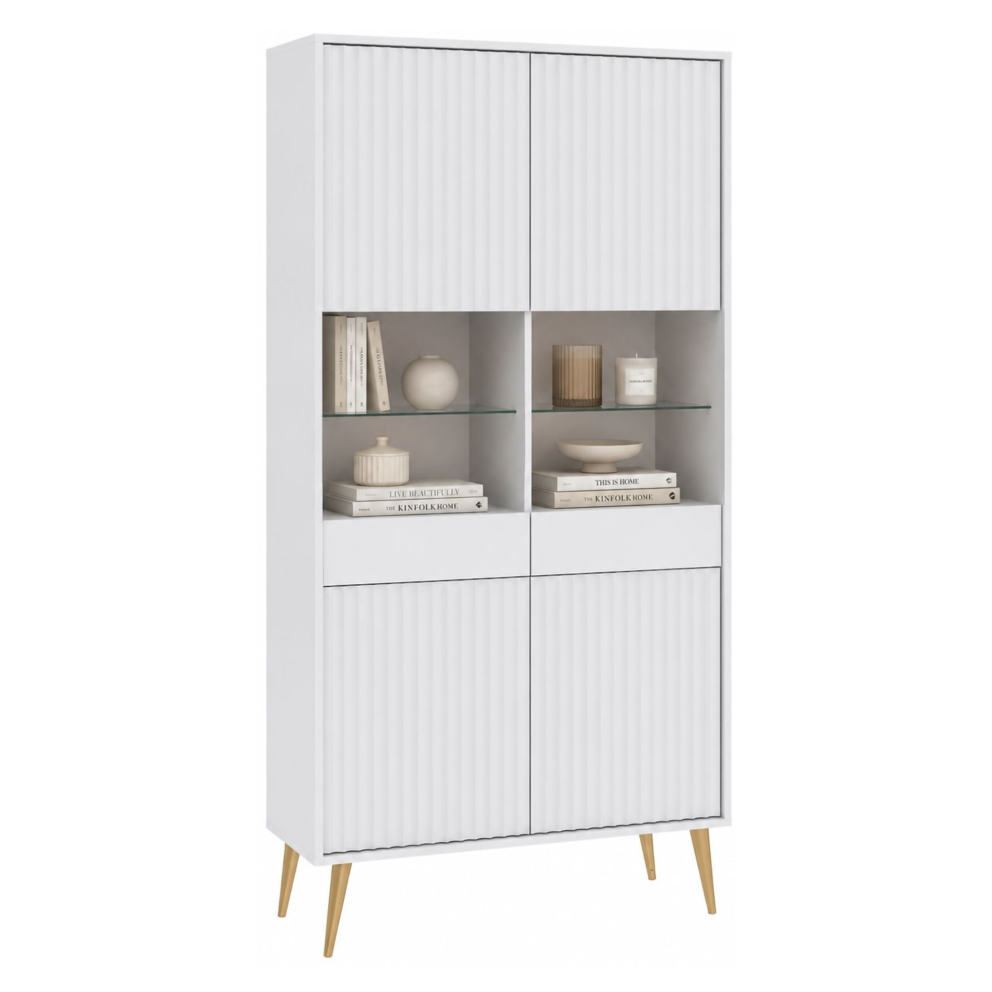 Vetrina Bianco 6 Ripiani 2 Ante 91x40x193h cm, 2 Riapiani in Vetro - Lenega