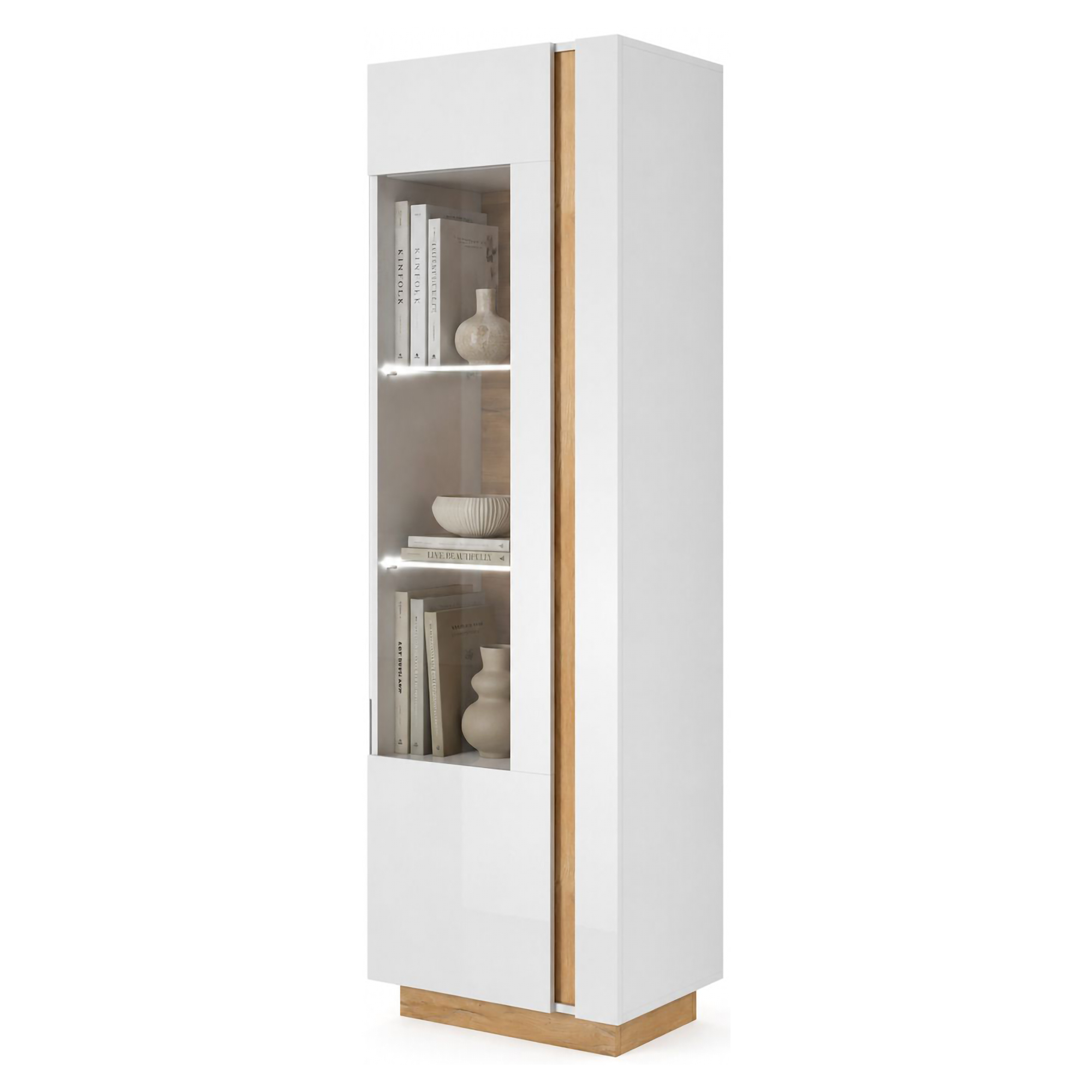 Vetrina Bianco Lucido Marrone Rovere 3 Ripiani Un'anta 60x40x194h cm, - Katito