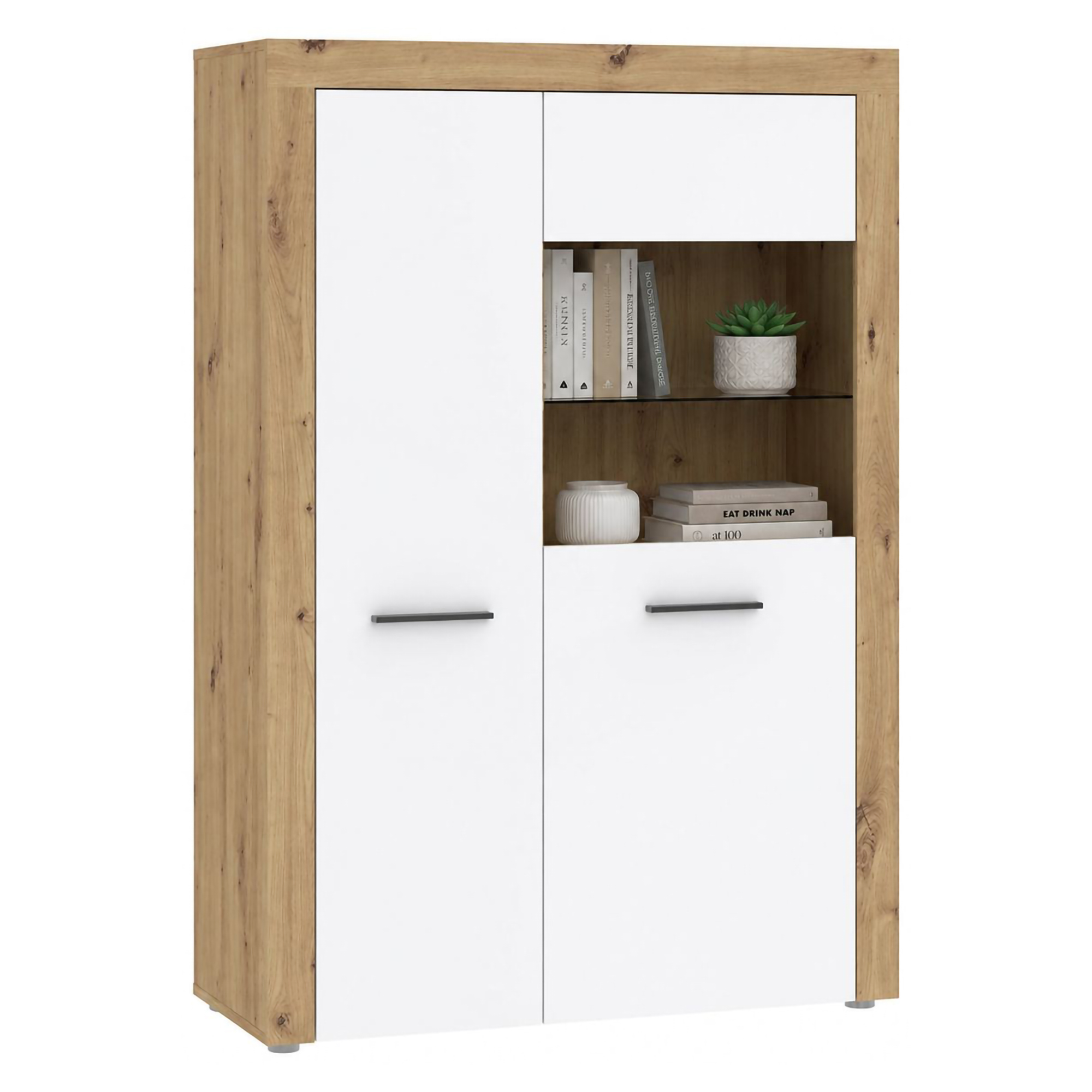 Vetrina Bianco Marrone Rovere Nodi 6 Ripiani 2 Ante 100x42x147h cm, Anta e Ripiani Dettaglio Vetro led non Inclusi - Lohalime