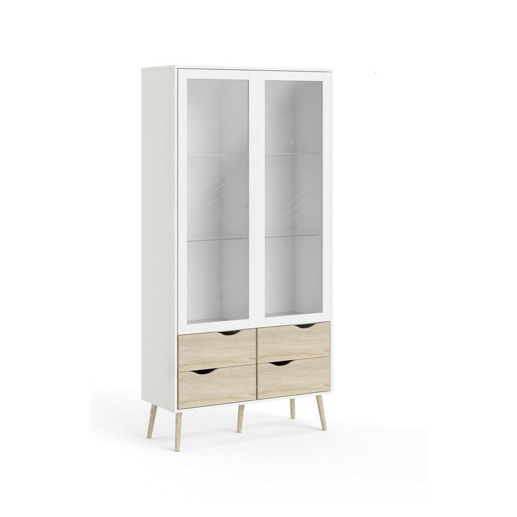 Vetrina Elisabeth, Credenza espositiva, Vetrinetta multiuso, Madia da soggiorno, 98x39 h200 cm, Bianco e Quercia