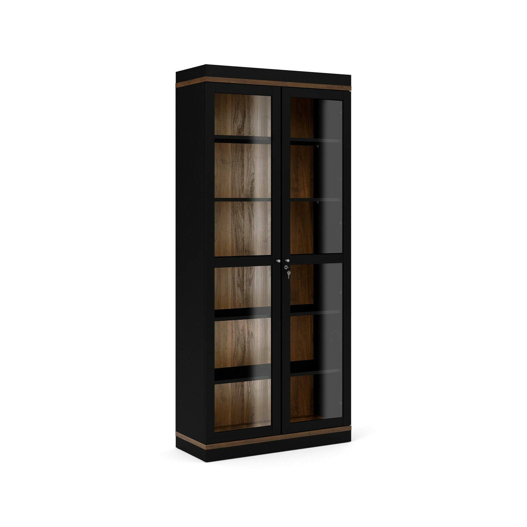 Vetrina Laure, Credenza espositiva, Vetrinetta multiuso, Madia da soggiorno, 89x36 h200 cm, Nero e Noce