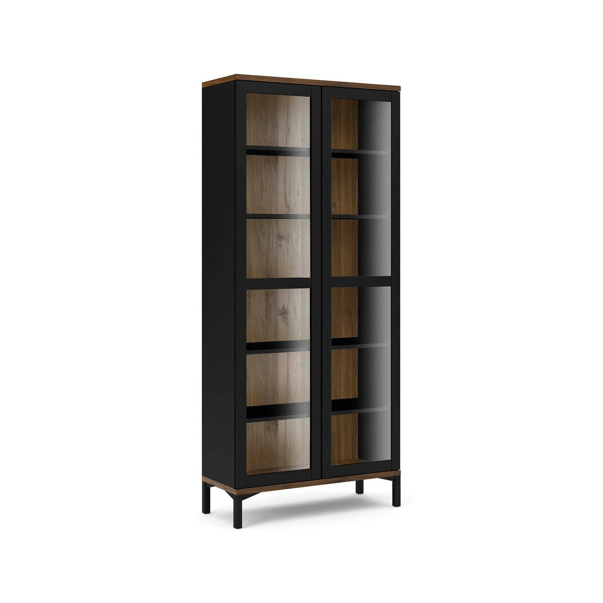 Vetrina Lisanne, Credenza espositiva, Vetrinetta multiuso, Madia da soggiorno, 89x36 h203 cm, Nero e Noce