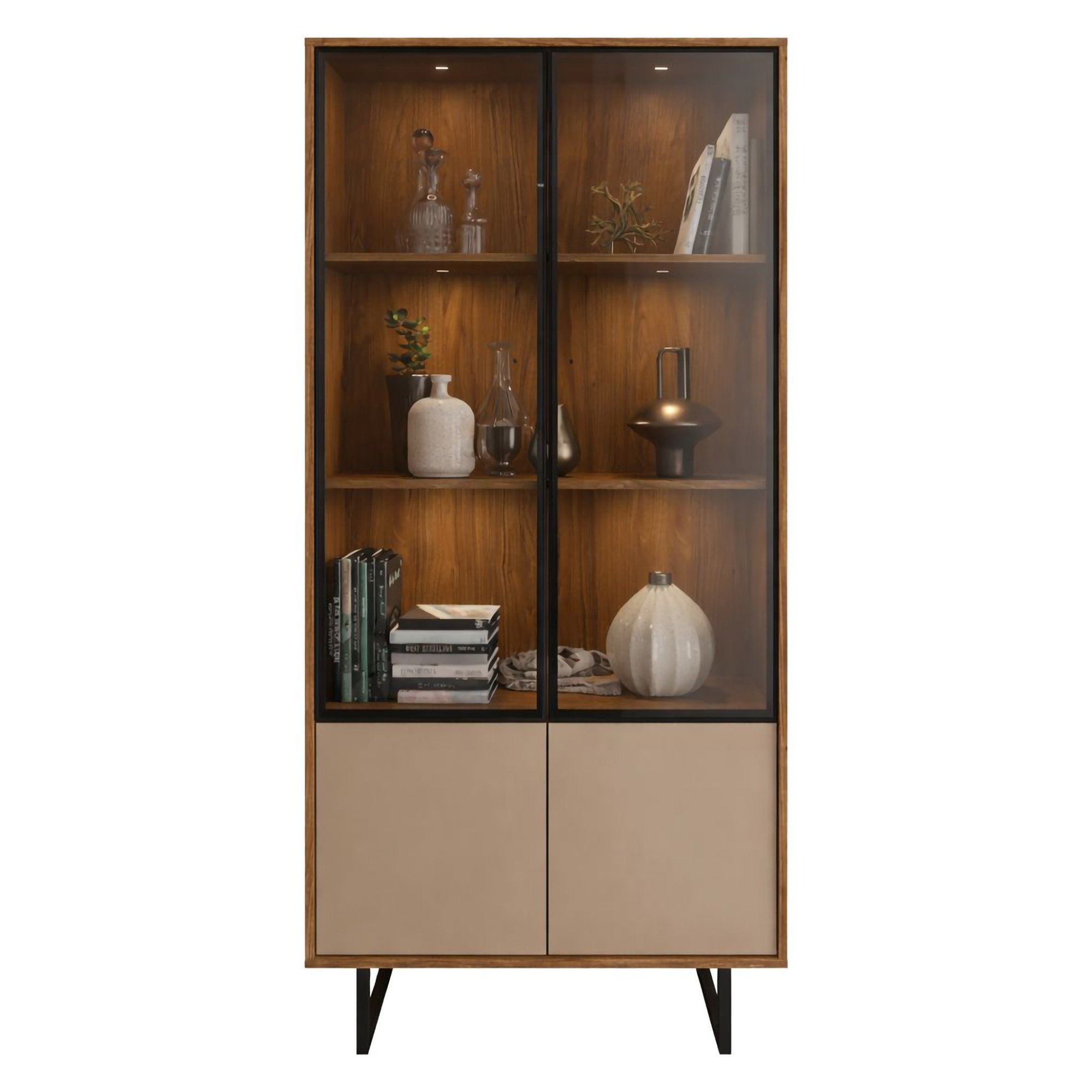 Vetrina Marrone Noce Beige 3 Ripiani 2 Ante 190x40x90h cm, Anta Dettaglio Vetro, con Luci led - Agro