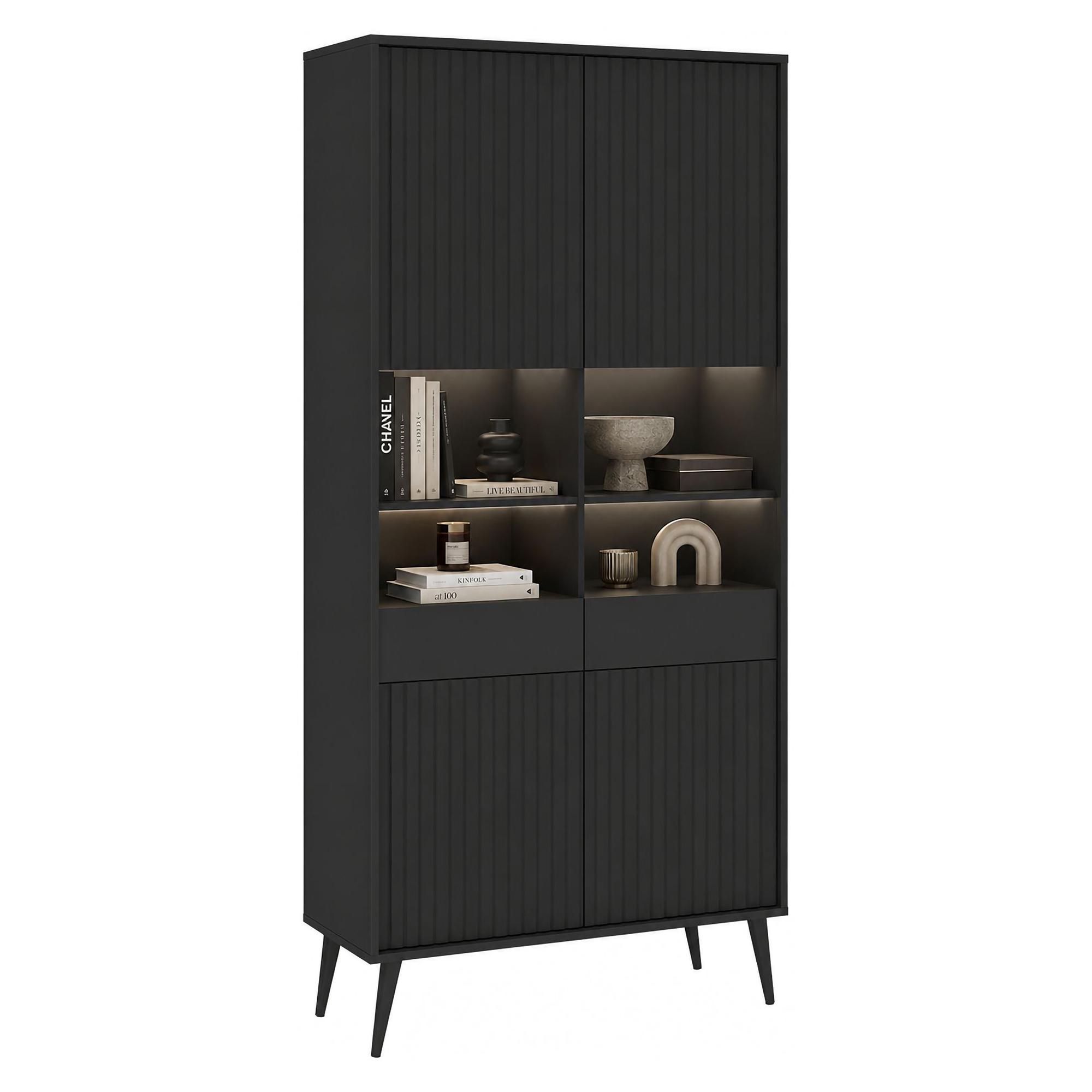 Vetrina Nero 6 Ripiani 2 Ante 91x40x193h cm, 2 Riapiani in Vetro - Lenega