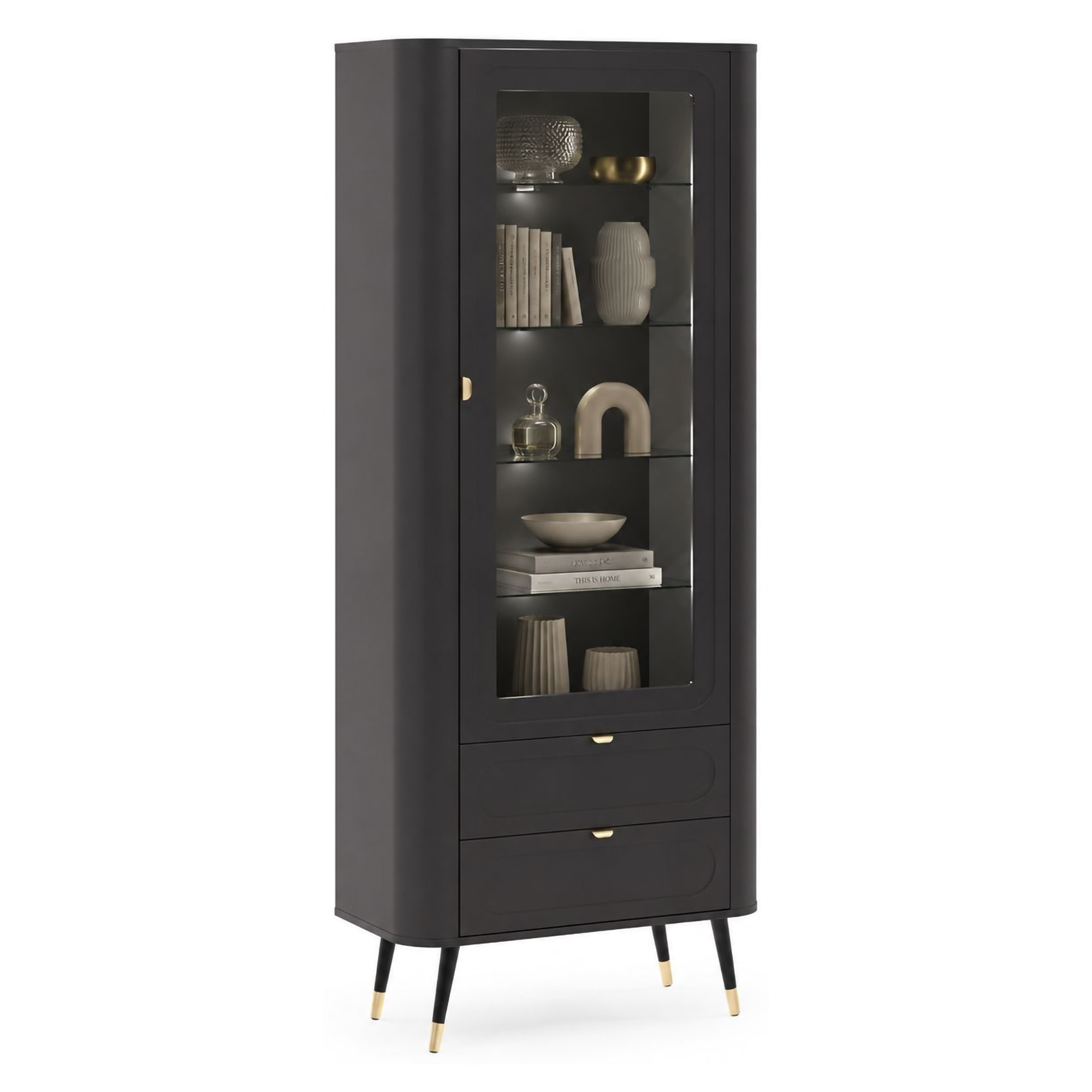 Vetrina Nero oro 4 Ripiani 2 Cassetti 78x40x192h cm, Un'anta - Lolaleha